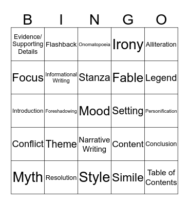 Language Arts Final Review Bingo Card