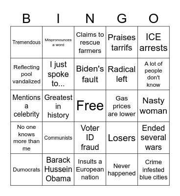 Trump Speech Bingo Card