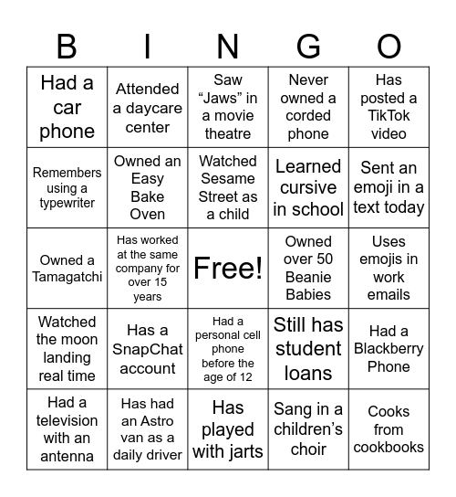 Generational Bingo Card