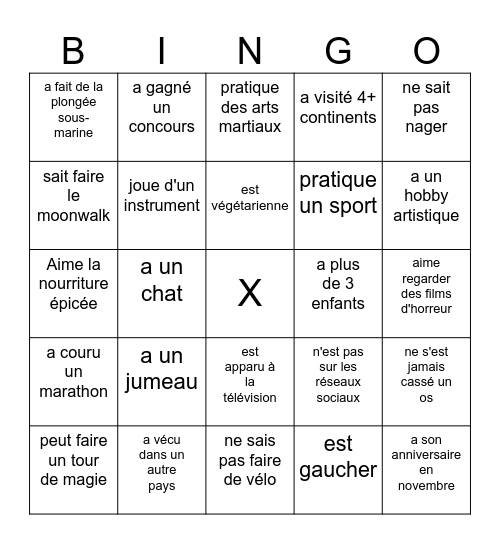 Bingo humain Bingo Card