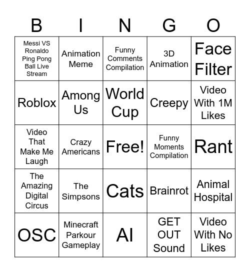YT Shorts Bingo Card Bingo Card