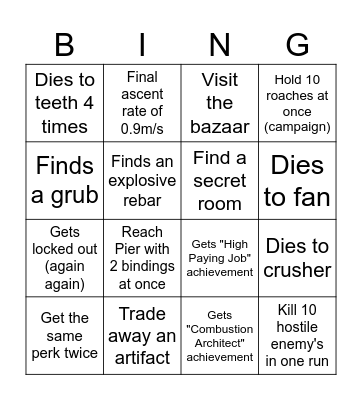 White Knuckle Bingo Card