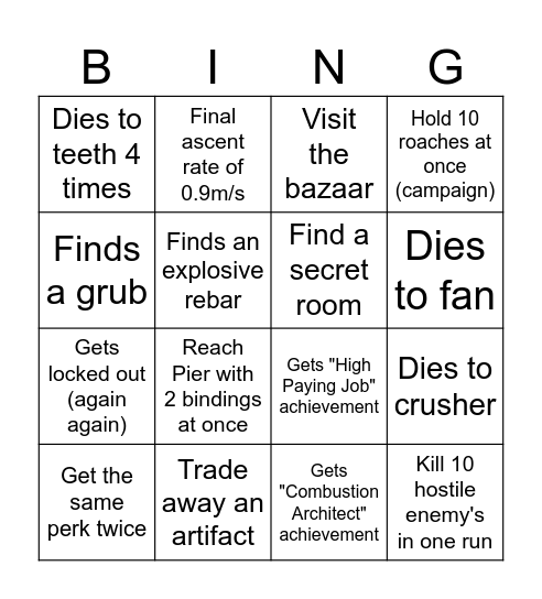 White Knuckle Bingo Card