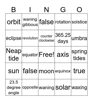 Sun, Earth, Moon Bingo Card