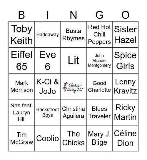 90s Artists Only Bingo Card