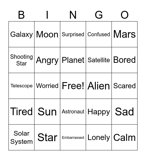 Space and Emotions Bingo Card