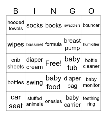 Baby Items Bingo Card