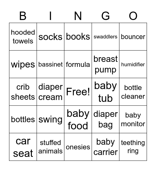 Baby Items Bingo Card