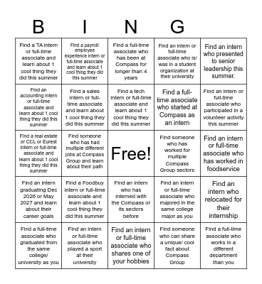 Corporate Intern Farewell Event  (Tap a box after meeting someone who matches the description.) Bingo Card