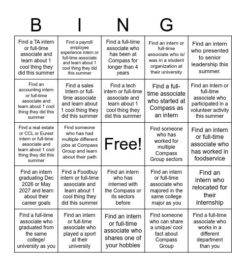 Corporate Intern Farewell Event  (Tap a box after meeting someone who matches the description.) Bingo Card