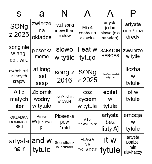 sabatoN A$AP Bingo Card