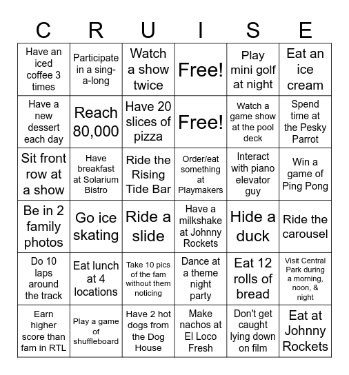Allure of the Seas Bingo Card