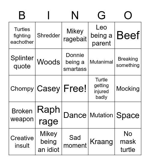 Tmnt Bingo Card