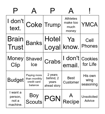 Bob Gardner Bingo Card