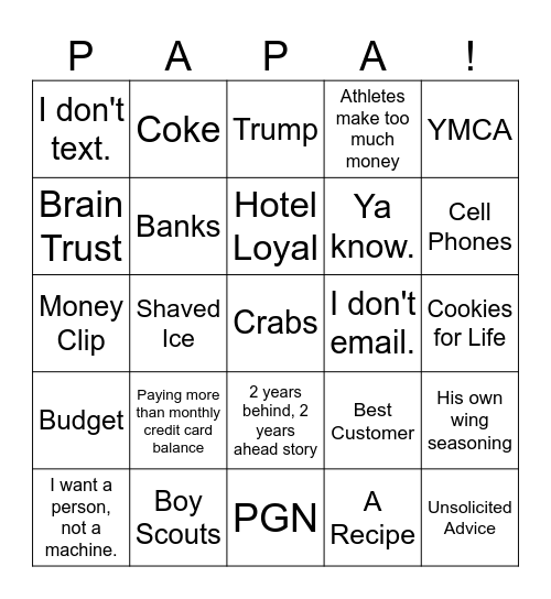 Bob Gardner Bingo Card