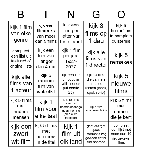 onmogelijke film challenge Bingo Card