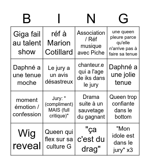 BINGO DRAG RACE FR ALL EP2 Bingo Card