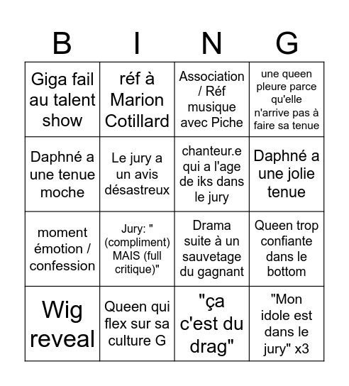 BINGO DRAG RACE FR ALL EP2 Bingo Card