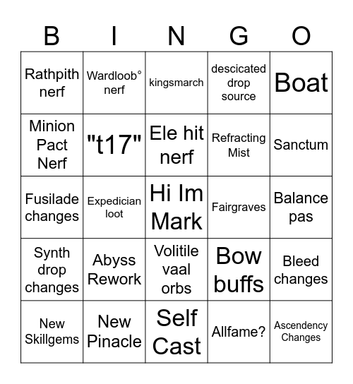 Path Of Exile Bingo Card