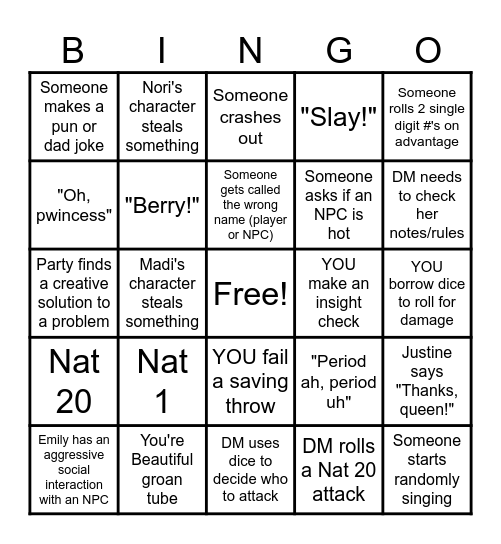Bachelorette Oneshot Bingo Card