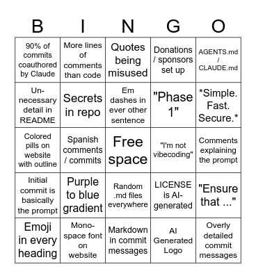 Vibecoded Project Bingo Card