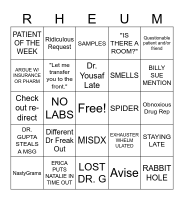 Rheum Clinical Bingo Card