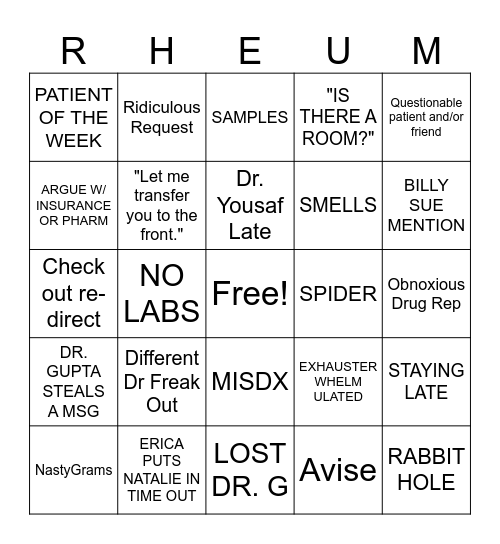 Rheum Clinical Bingo Card