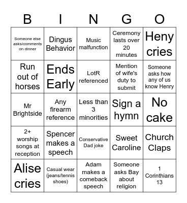 Heny's Wedding Bingo Card
