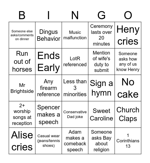 Heny's Wedding Bingo Card