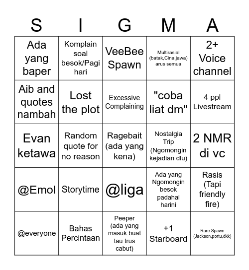 Singo (JANGAN CENTANG KALO KALIAN YANG LAKUIN) Bingo Card