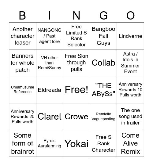 ZZZ 3.1 Livestream Bingo Card