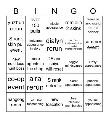 zzz 3.1 livestream Bingo Card