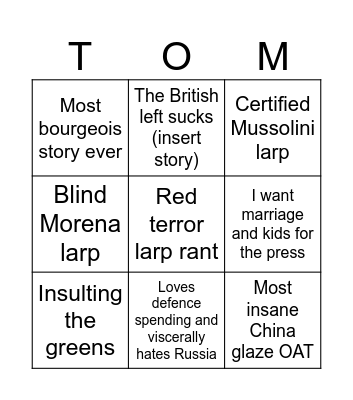 Weekly Tom Bingo Card