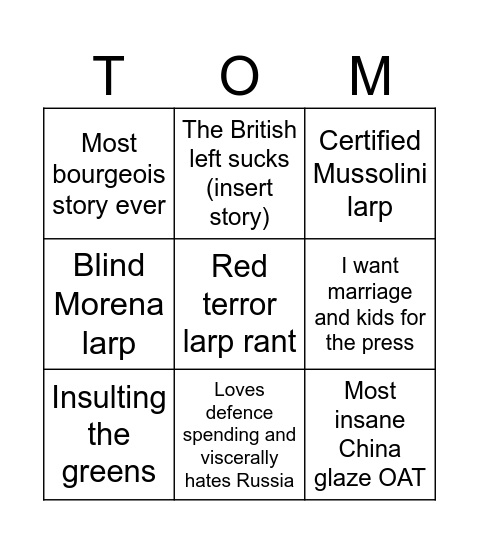 Weekly Tom Bingo Card