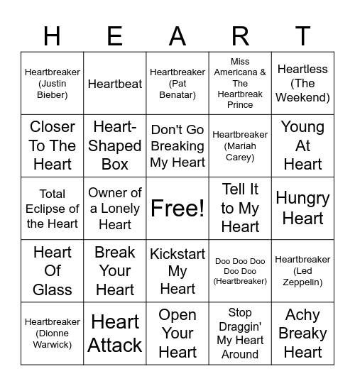 Heart Music Bingo Card