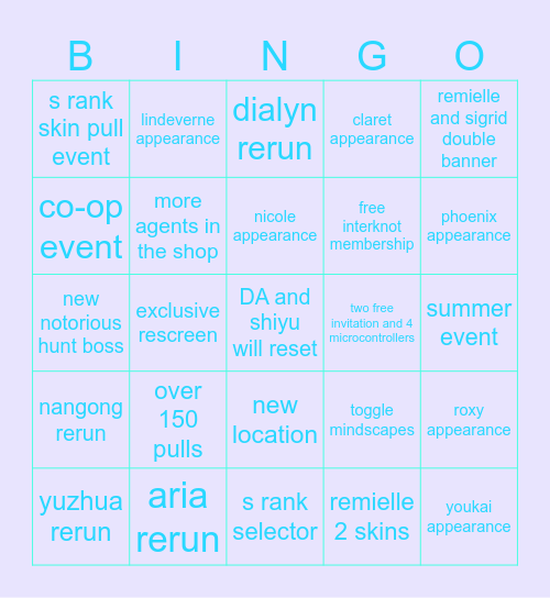 zzz 3.1 livestream Bingo Card