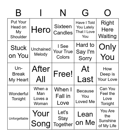 Love Ballads (set 4) Bingo Card