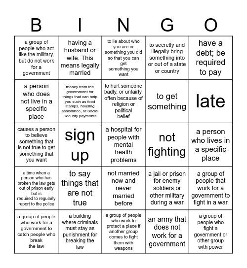 Vocab Definition Bingo Set 2 Bingo Card