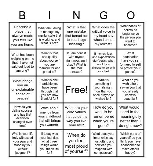Mental Health BINGO Card