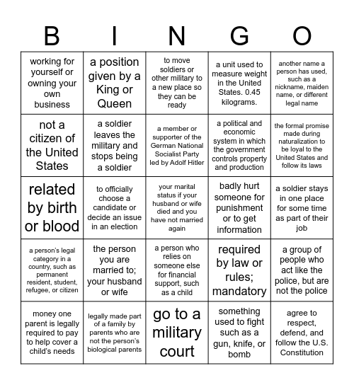 Vocab Definition Bingo SET 3 Bingo Card