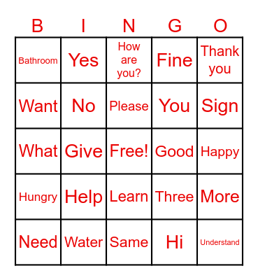 American Sign Language Bingo Card