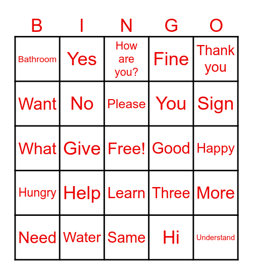 American Sign Language Bingo Card