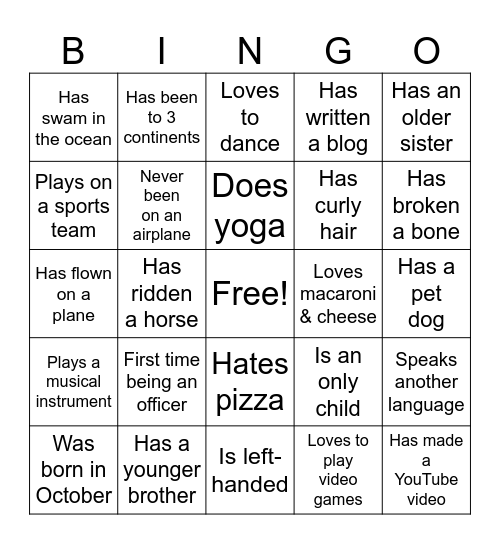 Officer Training Bingo Card