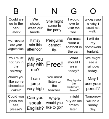Modal Verbs Bingo Card