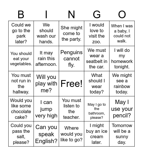 Modal Verbs Bingo Card