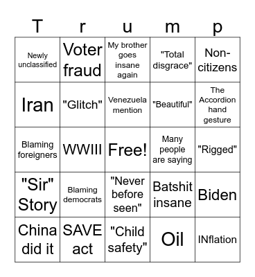 Trump Predictions Bingo Card
