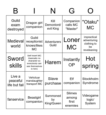 Anime Isekai Bingo Card