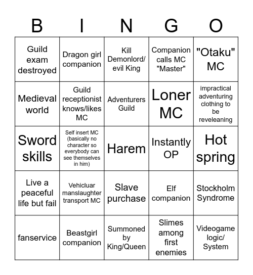 Anime Isekai Bingo Card