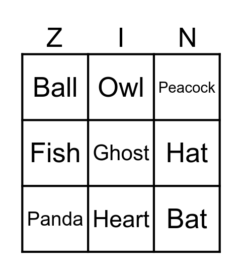 Zingo Bingo Card