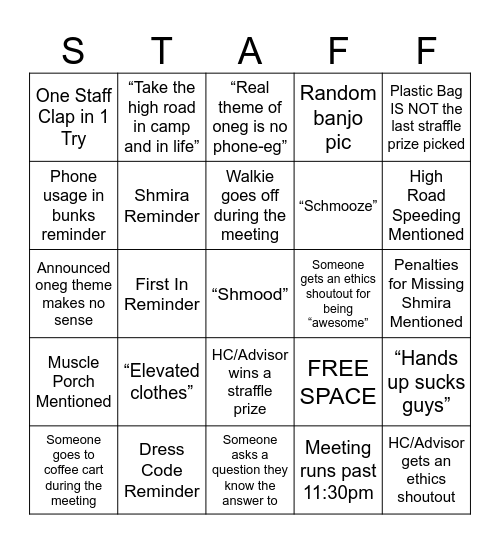 Staff Meeting BINGO Card